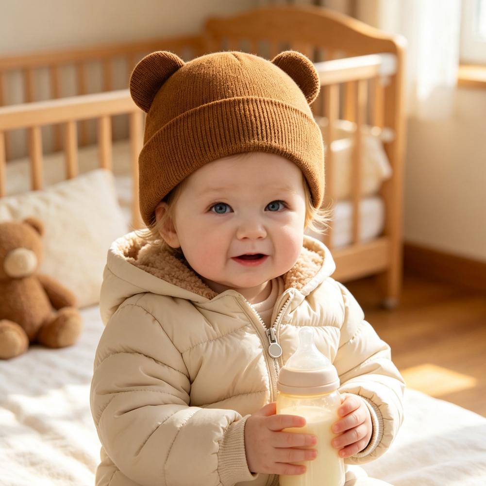 Infant Beanie Hat With Ears - Baby winter gebreide muts, schattige berenoren,