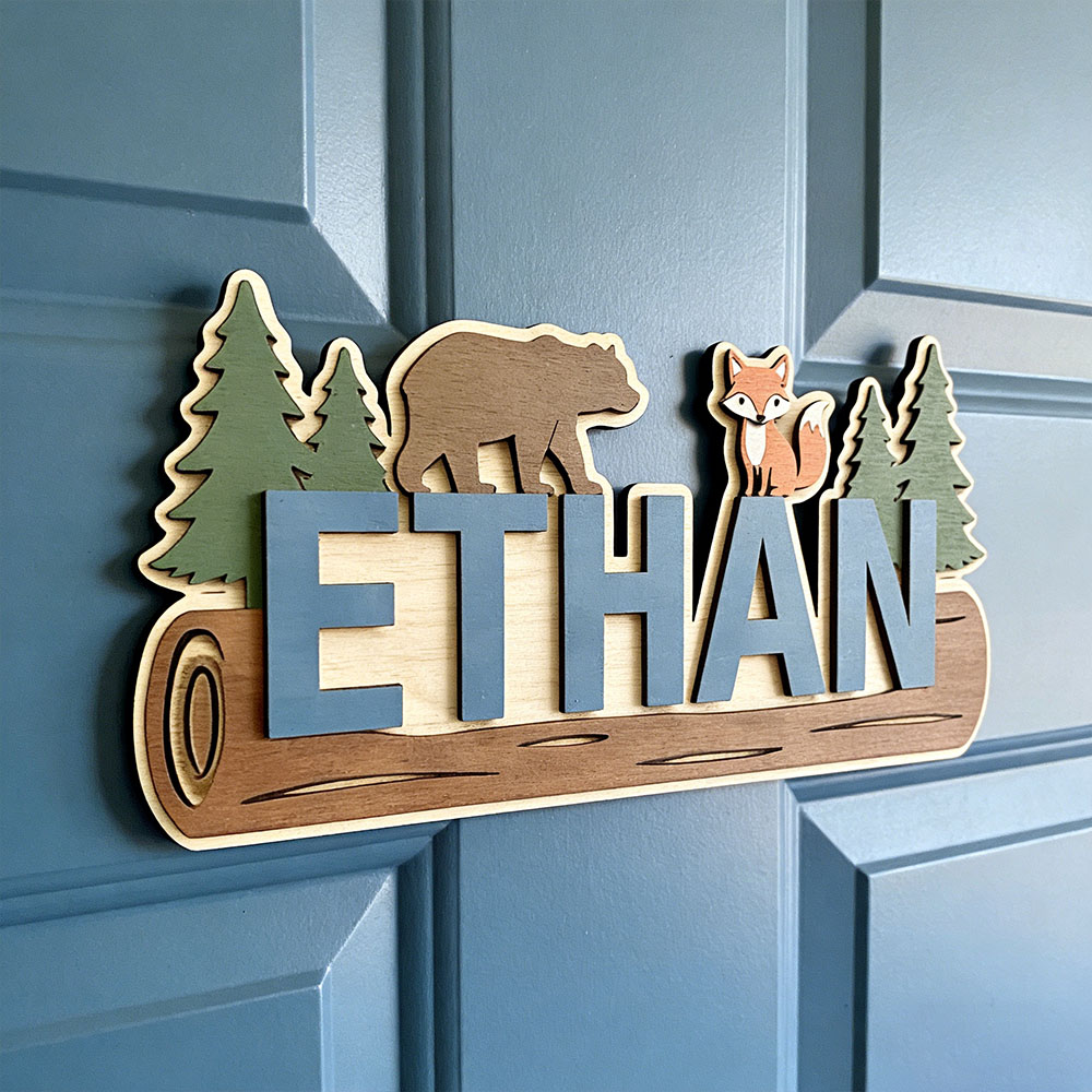 Nursery - Bosdieren gepersonaliseerd houten bord met naam,