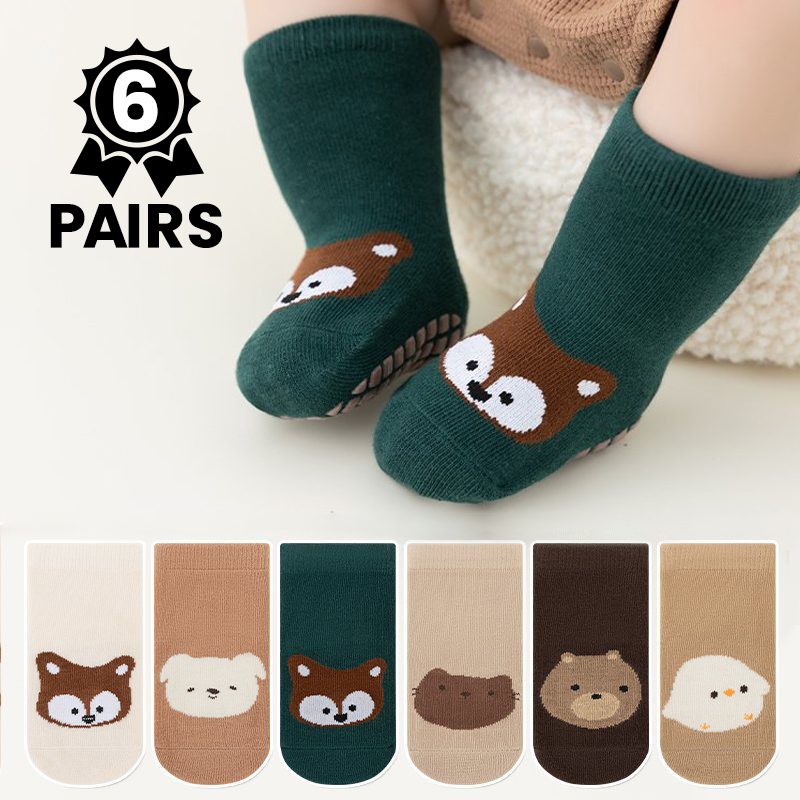 Unisex Baby Socks Non Slip - 6 paar schattige cartoon dieren baby