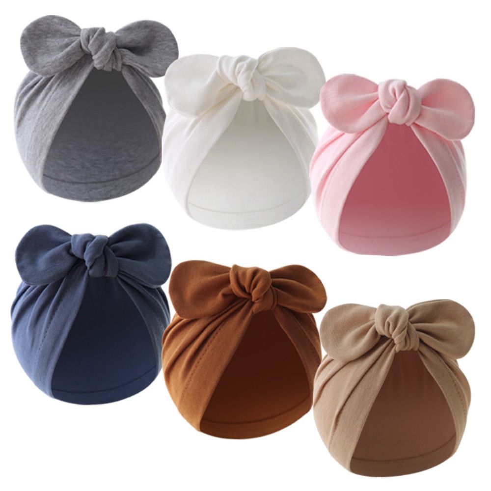 Infant Beanie Hat With Ears - Leuke bloem knoop babymutsje effen kleur